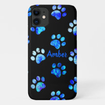 Black Blue Textured Paw Print Pattern Personalised
