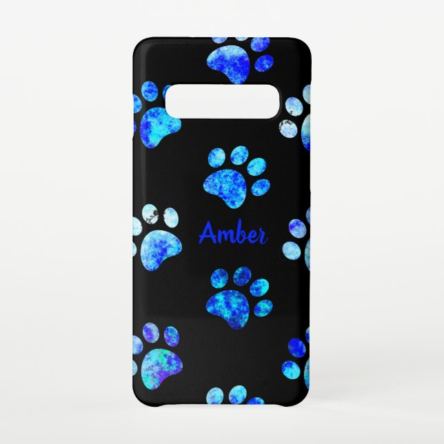 Black Blue Textured Paw Print Pattern Personalised Samsung Galaxy Case (Back)