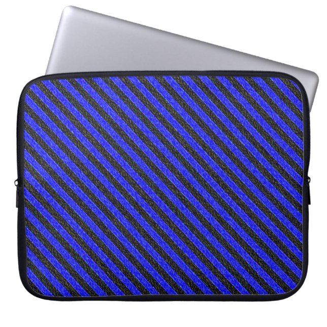 Black Blue Thin Diagonal Stripes Laptop Sleeve (Front)