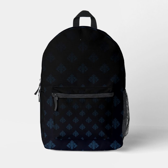 Black & Blue Vintage Diamond Motif Printed Backpack (Front)