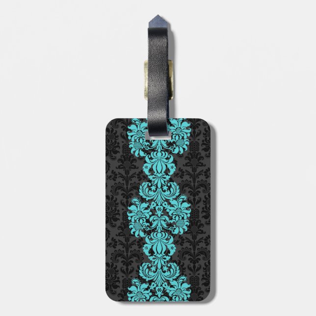 Black & Blue Vintage Floral Damasks Luggage Tag (Back Vertical)