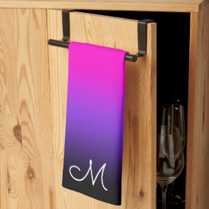Black Blue Violet and Neon Pink Ombre Monogram Tea Towel