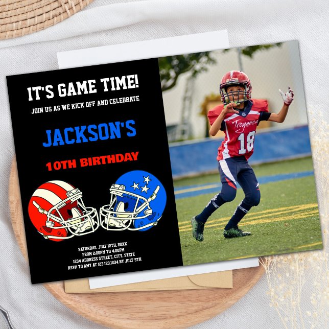 Black Blue vs Red Photo Football Birthday Invitation (Black Blue vs Red Photo Football Birthday Invitation)