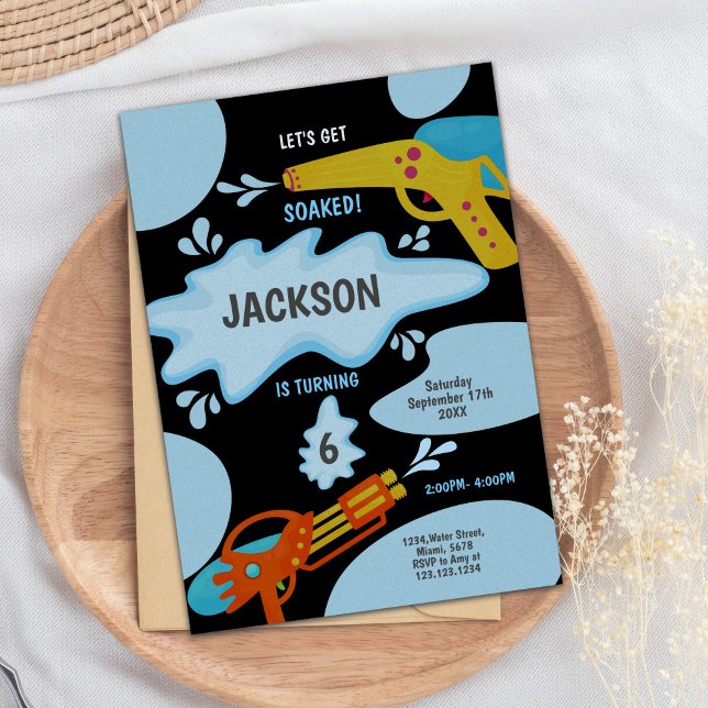 Black & Blue Water Gun Birthday Invitation (Black Blue Water Gun Invitations)