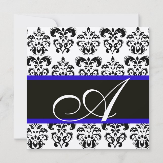 BLACK , BLUE & WHITE  CHAMPAGNE DAMASK MONOGRAM INVITATION (Front)