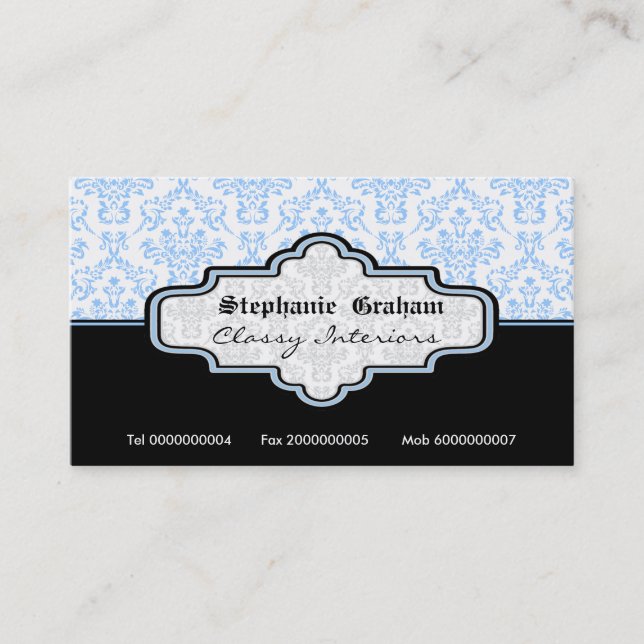 Black blue white damask interiors business card (Front)
