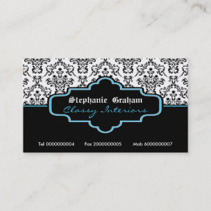 Black blue white damask interiors business card