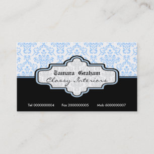 Black, blue, white damask interiors business card