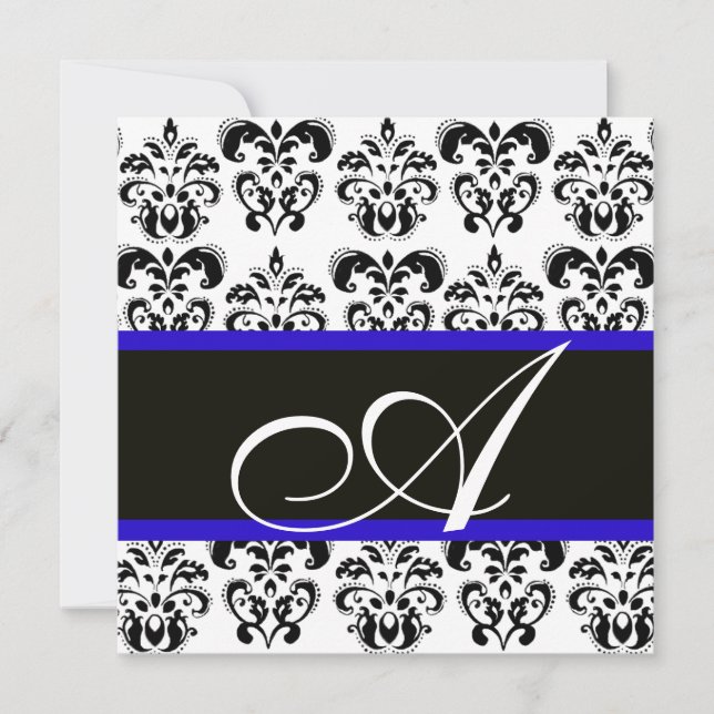 BLACK , BLUE & WHITE DAMASK MONOGRAM INVITATION (Front)