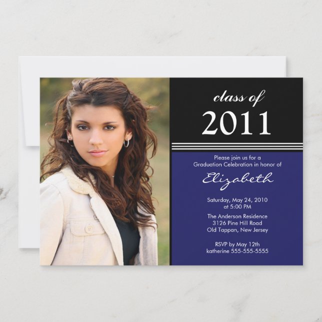 Black, Blue & White Photo Graduation Invitation (Front)