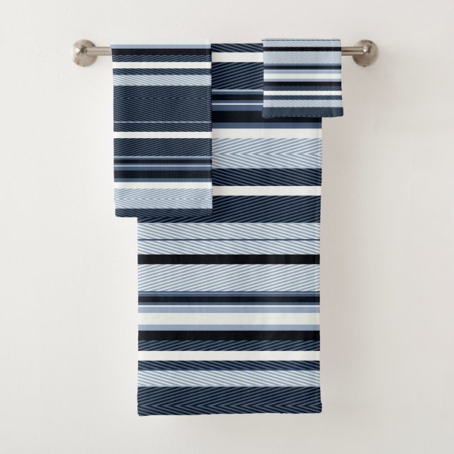 Black, blue, white stripes. bath towel set (Insitu)