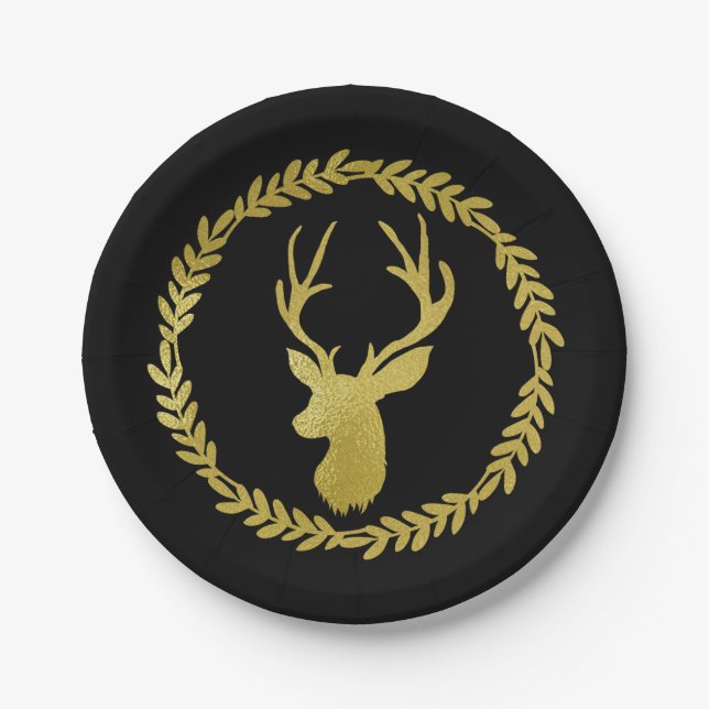 Black Blue Wreath Deer Antlers Christmas Paper Plate (Front)