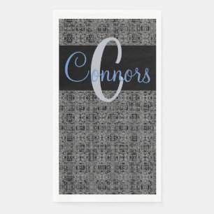 Black Blue X's and O's Pattern Grey Monogram Napkin