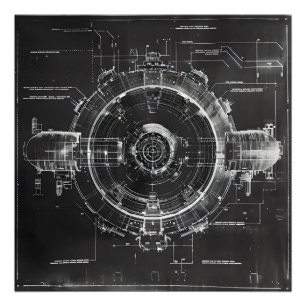 Black Blueprint Sci-Fi Space Station Photo Print