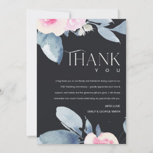 BLACK BLUSH BLUE FLORAL 25TH ANY YEAR ANNIVERSARY THANK YOU CARD