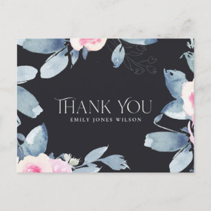 BLACK BLUSH BLUE FLORAL ANY AGE BIRTHDAY THANK YOU ANNOUNCEMENT POSTCARD