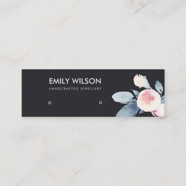 BLACK BLUSH BLUE FLORAL STUD EARRING DISPLAY LOGO MINI BUSINESS CARD (Front)
