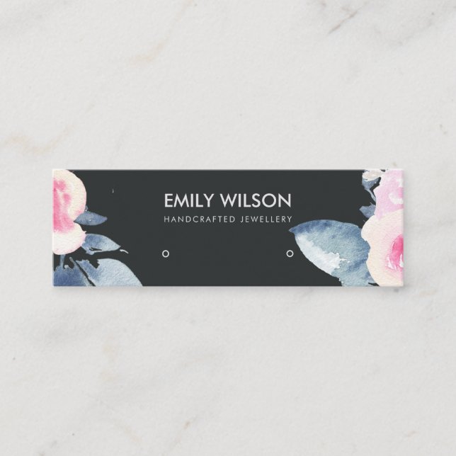 BLACK BLUSH BLUE FLORAL STUD EARRING DISPLAY LOGO MINI BUSINESS CARD (Front)