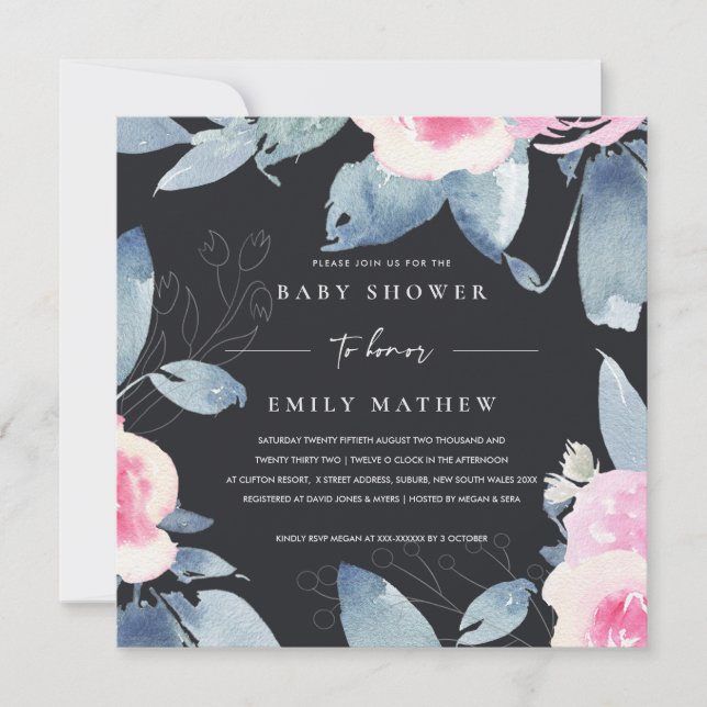 BLACK BLUSH BLUE FLORAL WATERCOLOR BABY SHOWER INVITATION (Front)