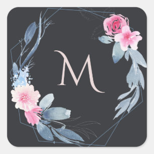 BLACK BLUSH BLUE FLORAL WATERCOLOR WREATH MONOGRAM SQUARE STICKER