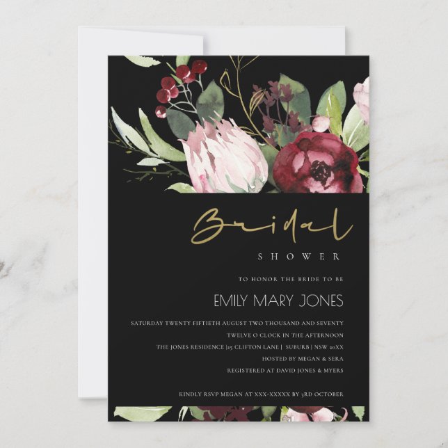 BLACK BLUSH BURGUNDY PROTEA FLORAL BRIDAL SHOWER INVITATION (Front)