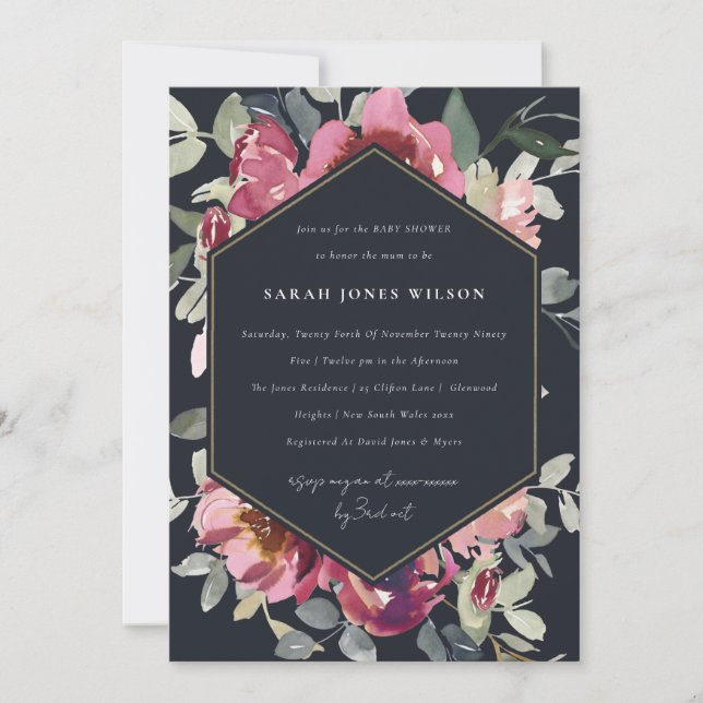 BLACK BLUSH BURGUNDY ROSE FLORA BABY SHOWER INVITE (Front)