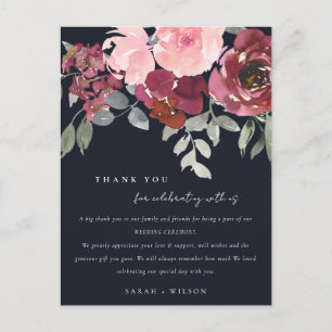BLACK BLUSH BURGUNDY ROSE FLORAL WEDDING THANK YOU ANNOUNCEMENT POSTCARD