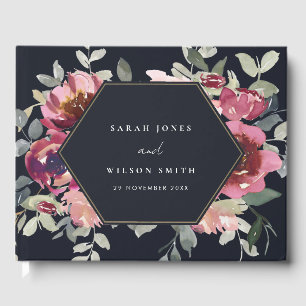 BLACK BLUSH BURGUNDY WATERCOLOR FLORAL WEDDING GUEST BOOK