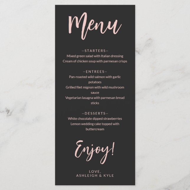 Black Blush Enjoy Calligraphy Elegant Wedding Menu (Front)