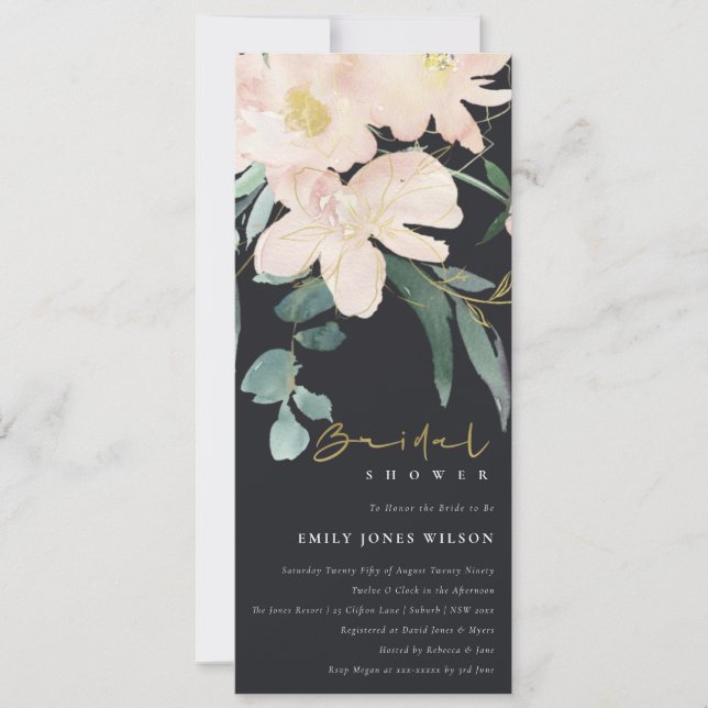 BLACK BLUSH FLORAL BUNCH WATERCOLOR BRIDAL SHOWER INVITATION (Front)