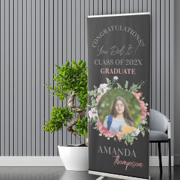 Black Blush Floral Photo Class of 2025 Graduation Retractable Banner