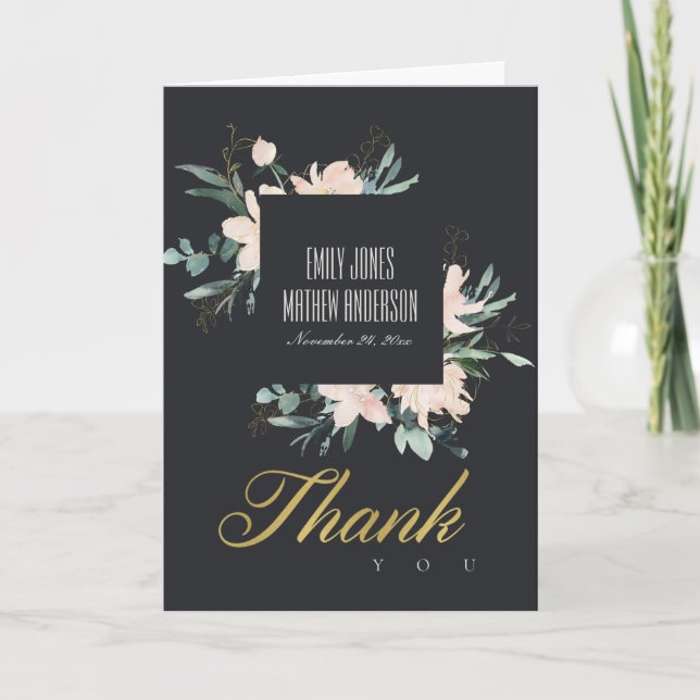 BLACK BLUSH FLORAL WATERCOLOR WEDDING THANK YOU CARD (Front)