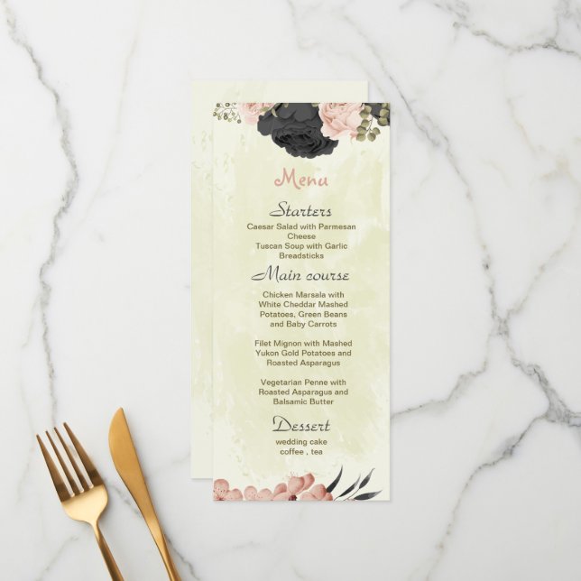 black & blush flowers botanical wedding  menu (Front/Back In Situ)