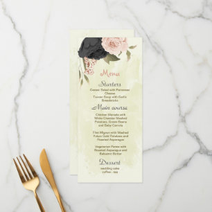 black & blush flowers botanical wedding menu