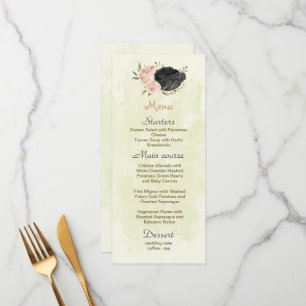 black & blush flowers botanical wedding menu