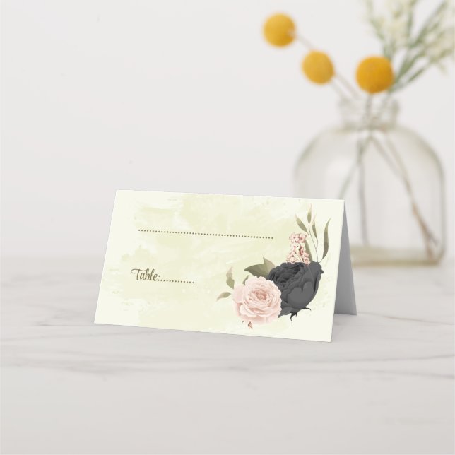 black & blush flowers botanical wedding  place card (Front)