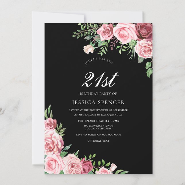 Black & Blush Flowers Girls 21st Birthday Invite (Front)