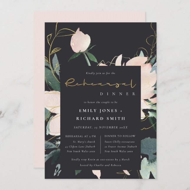 BLACK BLUSH GOLD FLORA WATERCOLOR REHEARSAL DINNER INVITATION (Front/Back)
