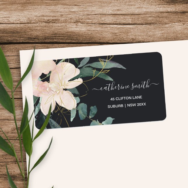 BLACK BLUSH GOLD FLORAL BUNCH WATERCOLOR  ADDRESS LABEL (Creator Uploaded)