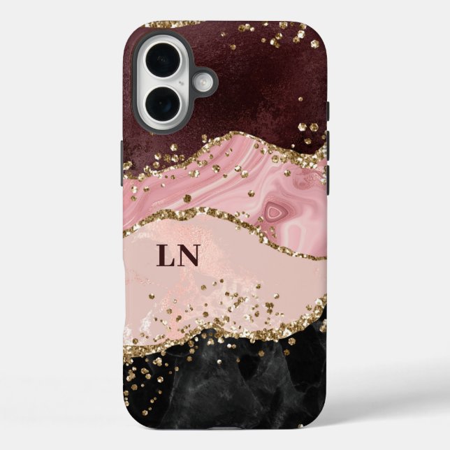 Black Blush Gold Glitter Agate Monogram Case-Mate iPhone Case (Back)