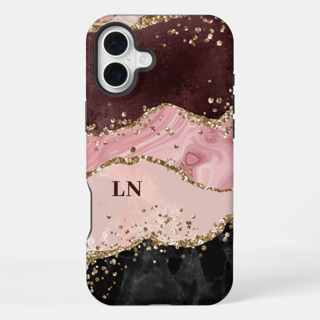 Black Blush Gold Glitter Agate Monogram iPhone Case (Back)