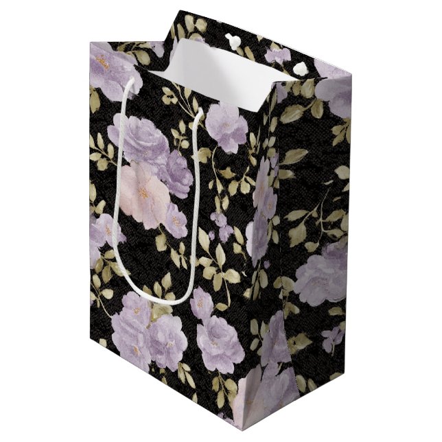 Black Blush Lavender Flowers Bridal Shower Medium Gift Bag (Front Angled)