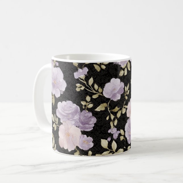 Black Blush Lavender Flowers Coffee Mug (Front Left)