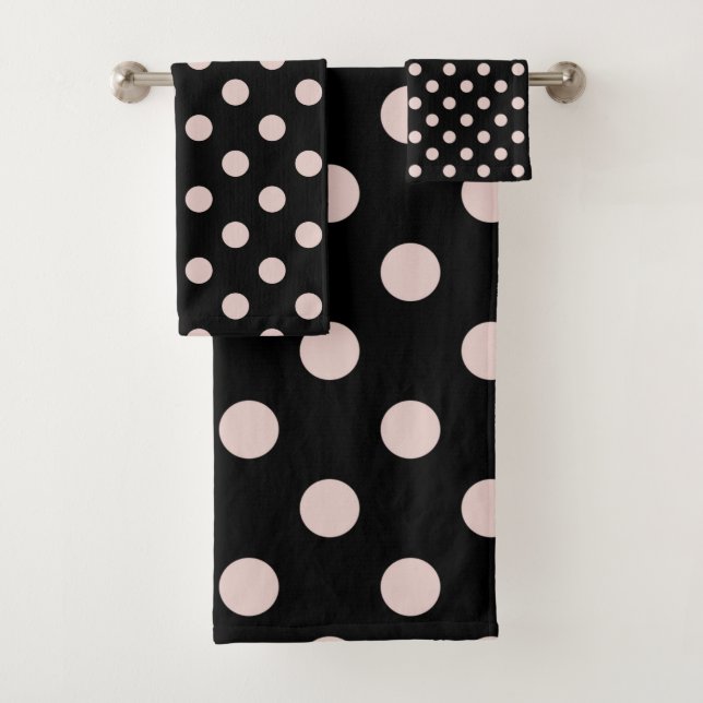 Black & Blush Light Pink Polka Dots Dot Bath Towel Set (Insitu)