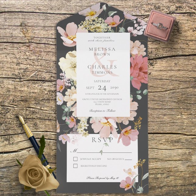 Black & Blush Pink Boho Flowers No Dinner All In One Invitation (Creator Uploaded)