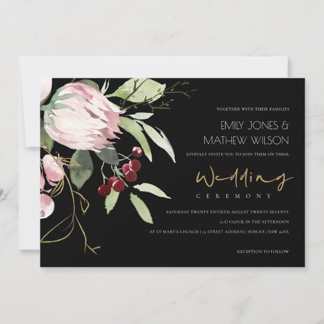 BLACK BLUSH PINK BURGUNDY PROTEA FLORAL WEDDING INVITATION (Front)