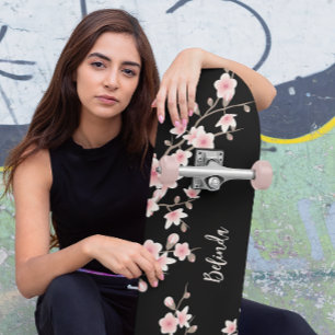 Black BLUSH Pink Cherry Blossom Monogram  Skateboard
