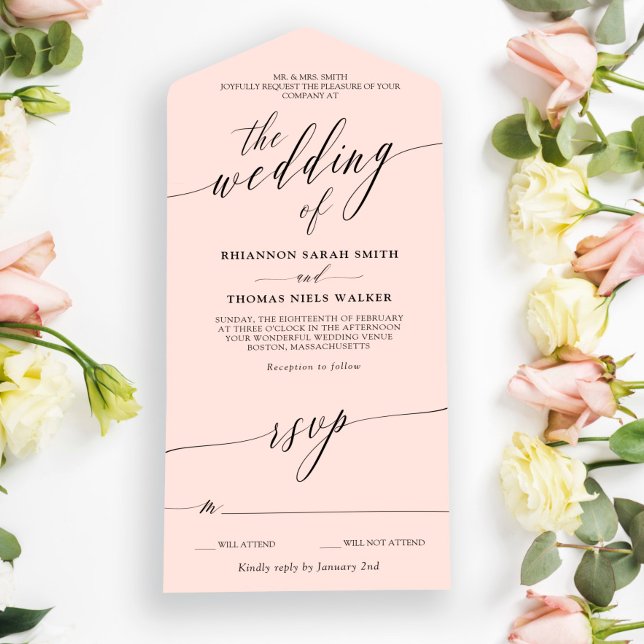 Black Blush Pink Delicate Calligraphy Wedding All In One Invitation (Creator Uploaded)