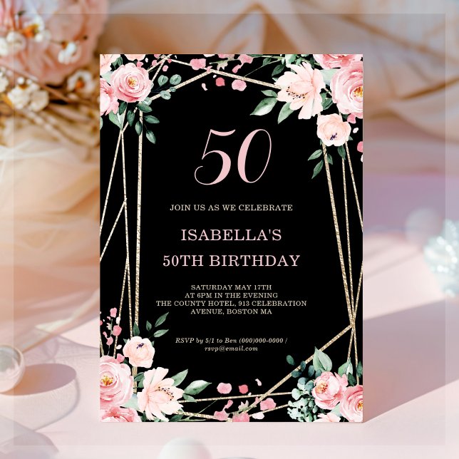 Black | Blush Pink Floral 50th Birthday Invitation (Creator Uploaded)