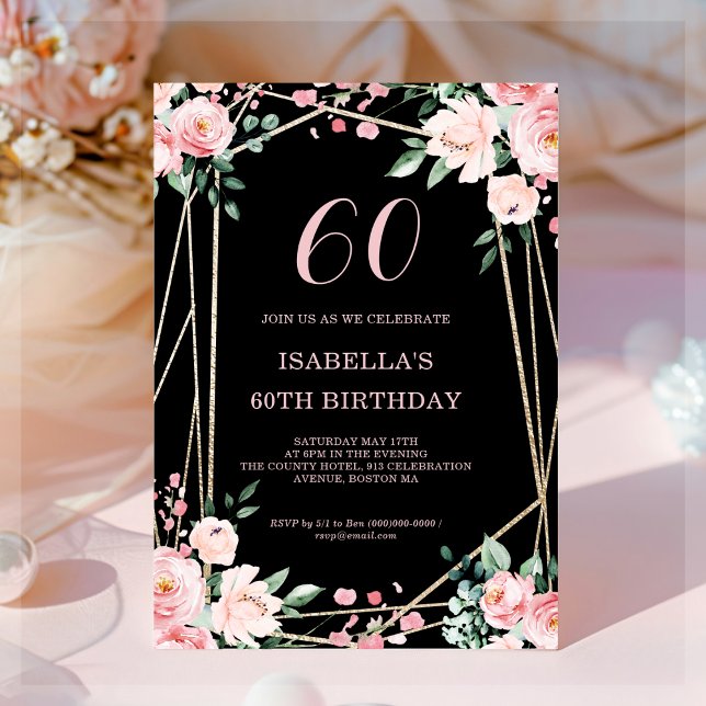 Black | Blush Pink Floral 60th Birthday Invitation (Creator Uploaded)